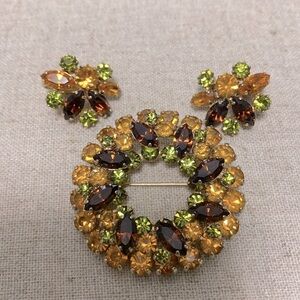 FALL Vintage SHERMAN Green Yellow Brown Rhinestone Brooch and Clip ON Earrings